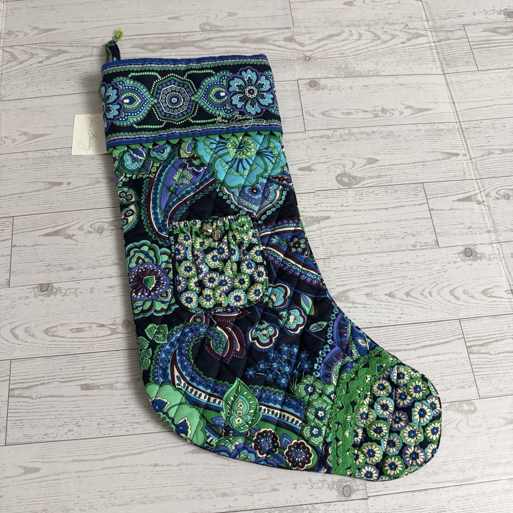 Vera Bradley Christmas Stocking Blue Rhapsody Quilted Festive Holiday Bells